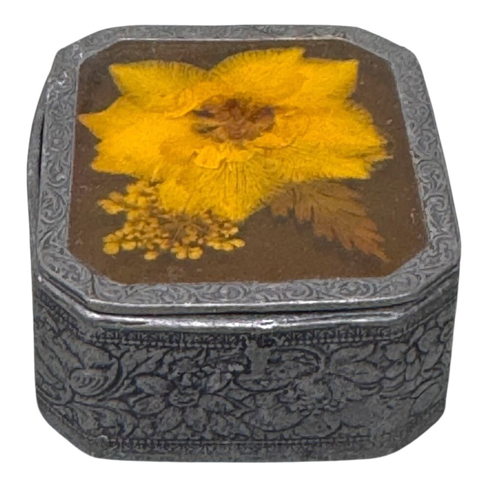 Vintage Floral Etched 2" Trinket Jewelry Ring Box Pressed Dried Flower Design
